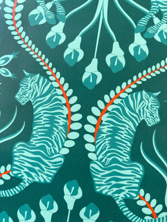 Secret garden safari teal wallpaper turquoise zebra orange folk motif luxury wallpaper