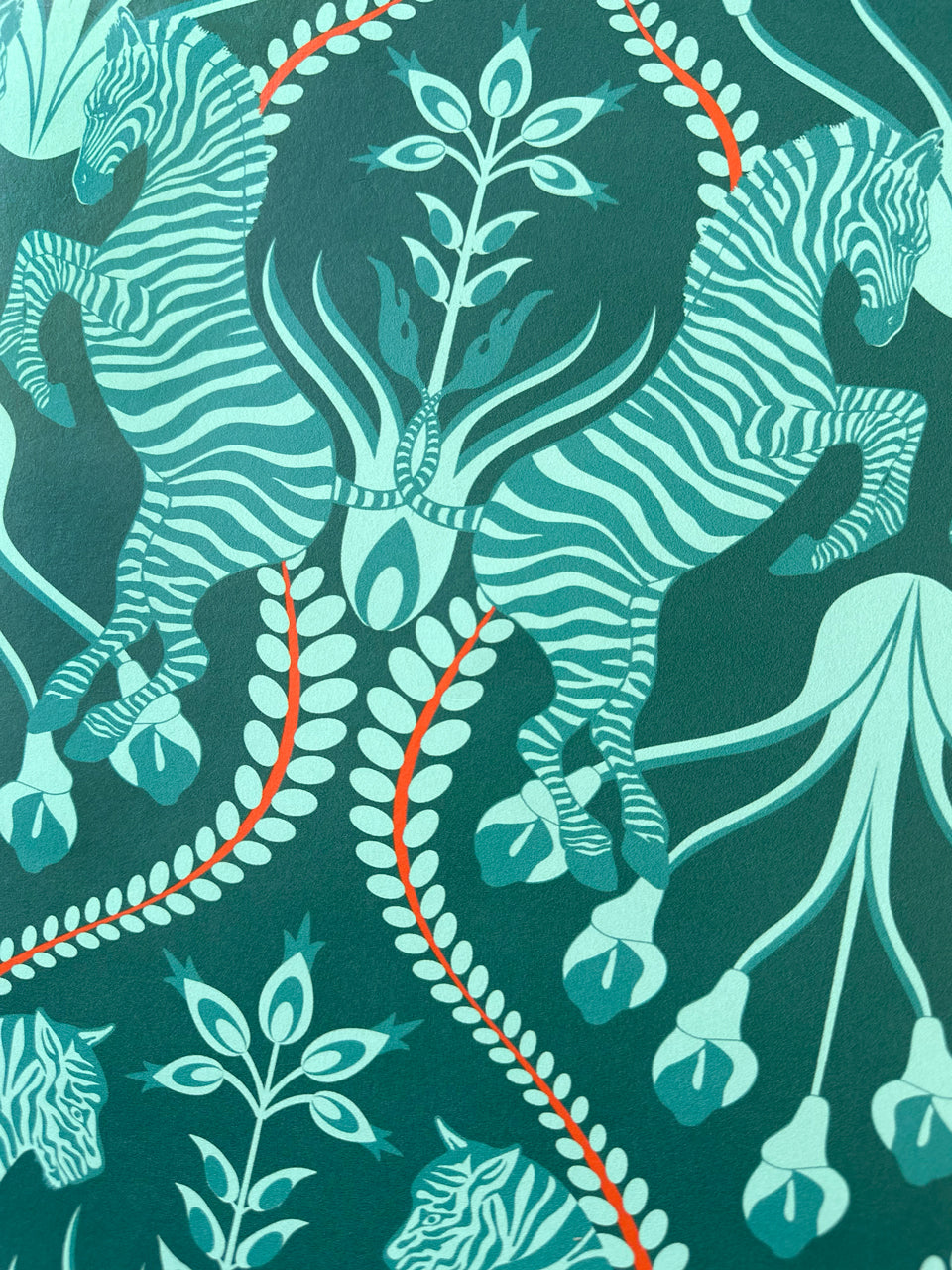 Secret garden safari teal wallpaper verdigris tiger floral wall decor maximalist style