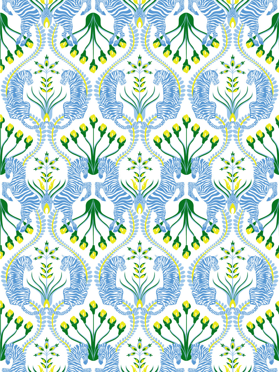 Alt Text: Eclectic wallpaper design with blue zebras, yellow folk florals and wedgewood tigers on a soft blue background.