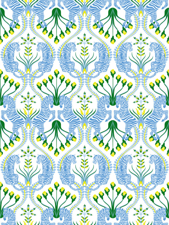 Alt Text: Eclectic wallpaper design with blue zebras, yellow folk florals and wedgewood tigers on a soft blue background.