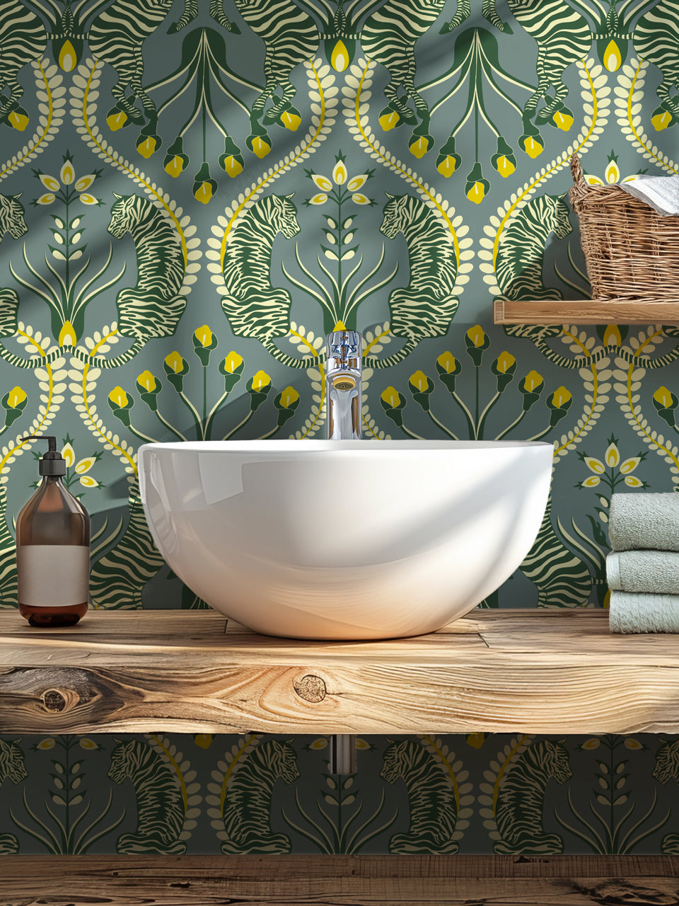 Cloakroom wallpapered in Secret Garden Safari Grey with earthy botanical design and animals in eucalyptus and ochre hues.