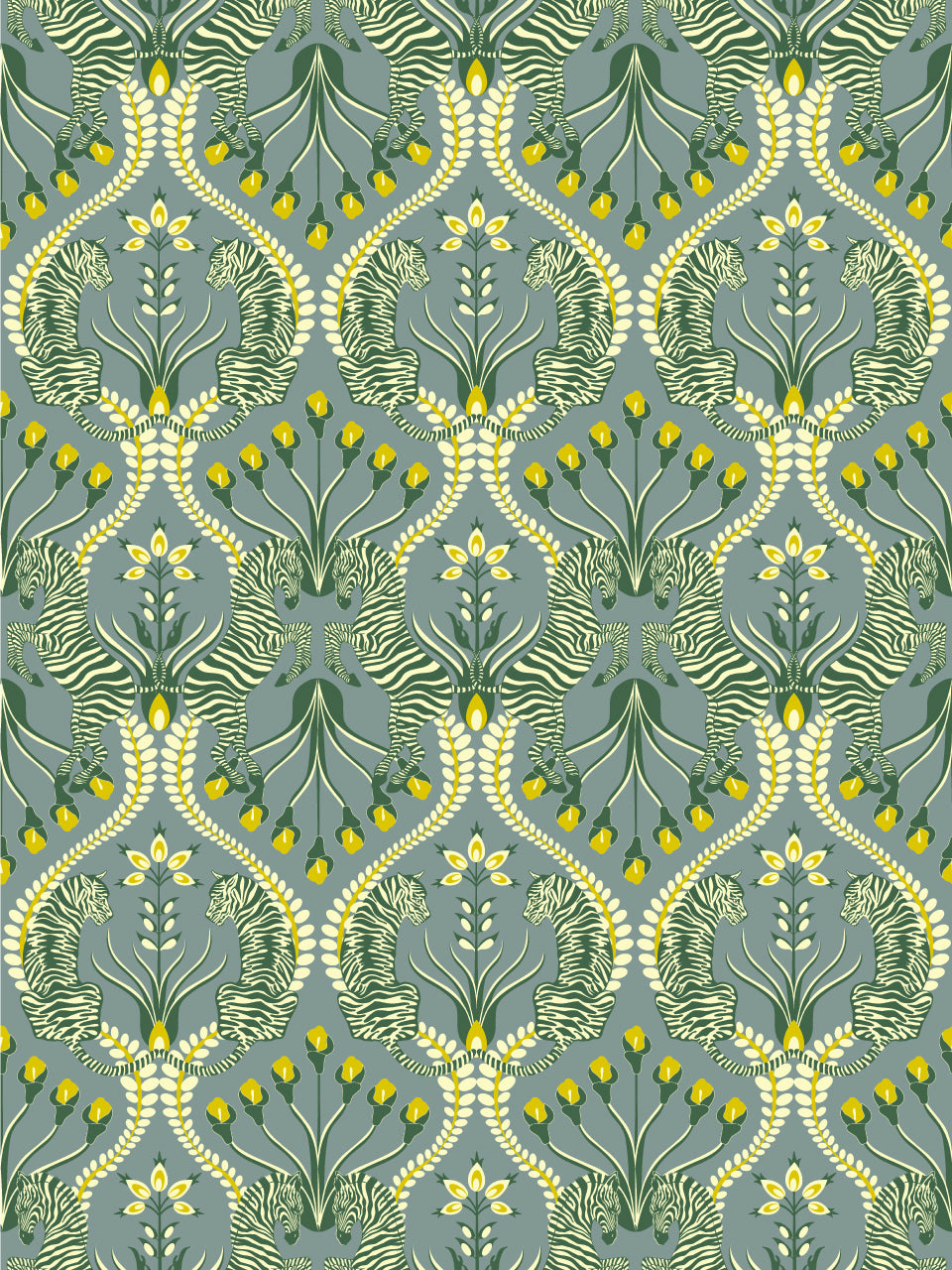 Grey wallpaper with zebra and tiger motifs in a mustard and botanical pattern, Secret Garden Safari design.