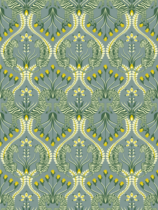 Grey wallpaper with zebra and tiger motifs in a mustard and botanical pattern, Secret Garden Safari design.