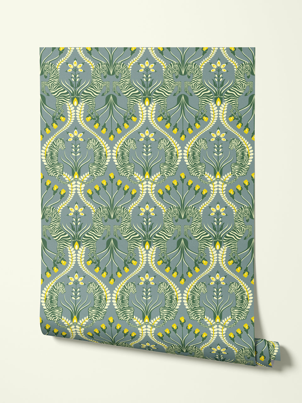 Rolled wallpaper sample of Secret Garden Safari Grey showing floral design in neutral, eucalyptus, and mustard tones.