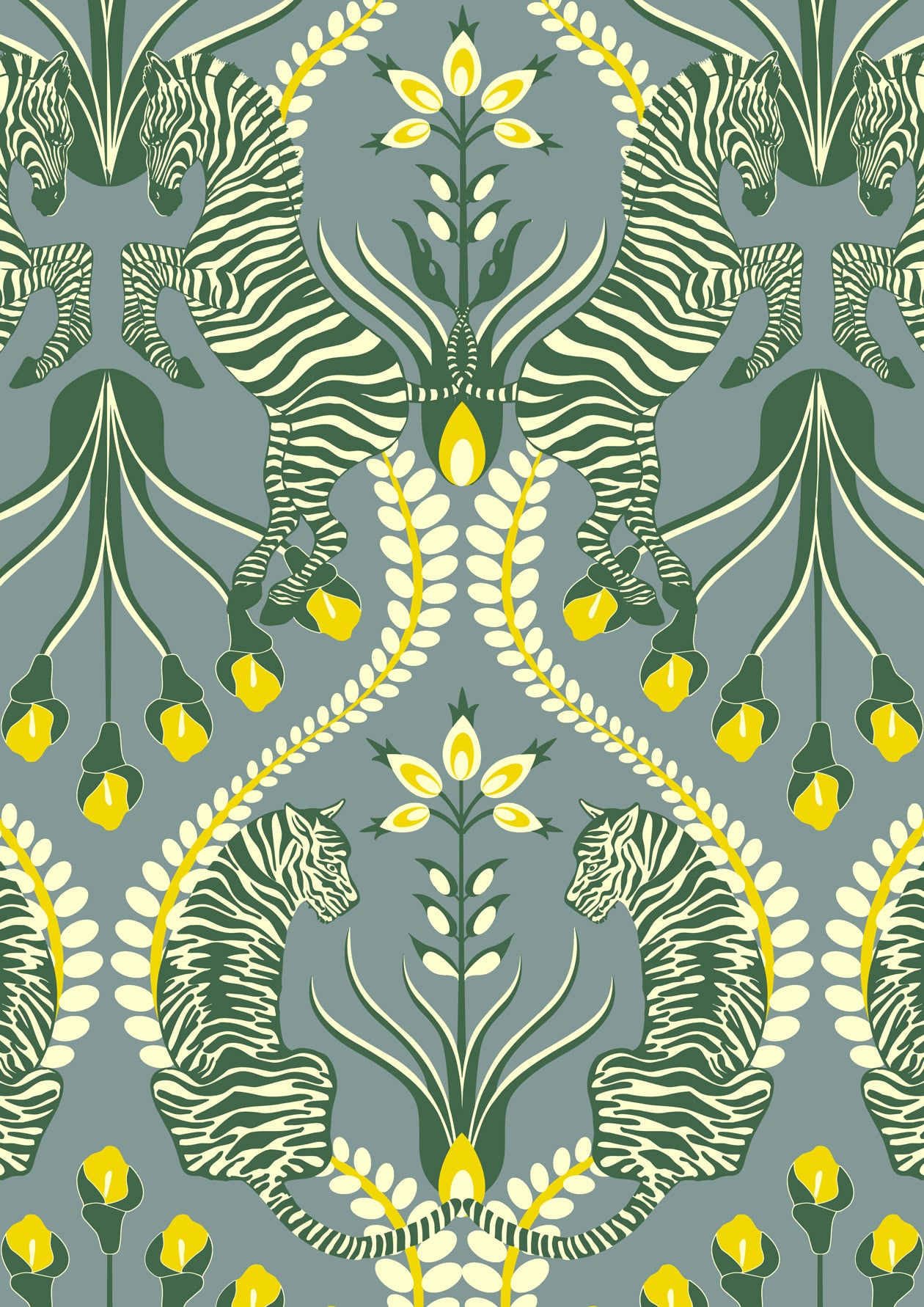 A3 sample of Secret Garden Safari Grey wallpaper with folk florals in eucalyptus and ochre tones.