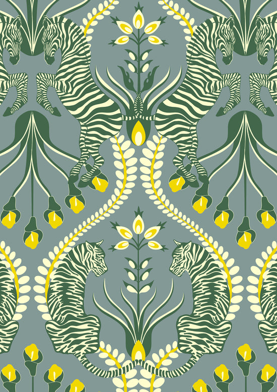 A3 sample of Secret Garden Safari Grey wallpaper with folk florals in eucalyptus and ochre tones.