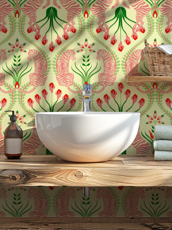 Botanical-themed bathroom with Secret Garden Safari Pink wallpaper and elegant pink animal print.
