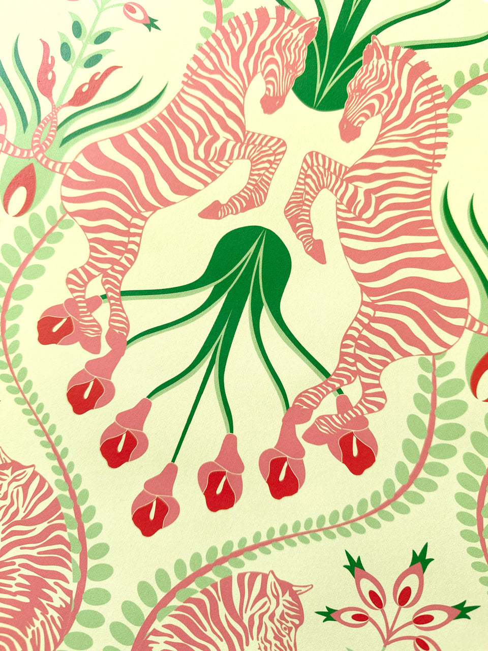 Cottagecore-style detail of Secret Garden Safari Pink wallpaper with vintage floral fantasy and playful animals.