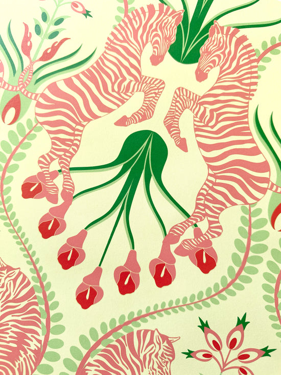 Cottagecore-style detail of Secret Garden Safari Pink wallpaper with vintage floral fantasy and playful animals.
