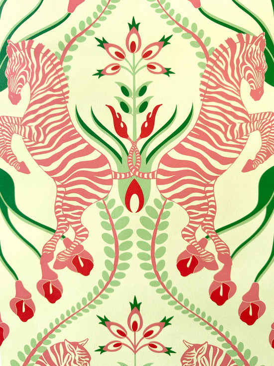 Close-up of elegant folk-inspired floral and zebra motifs in the Secret Garden Safari Pink wallpaper.