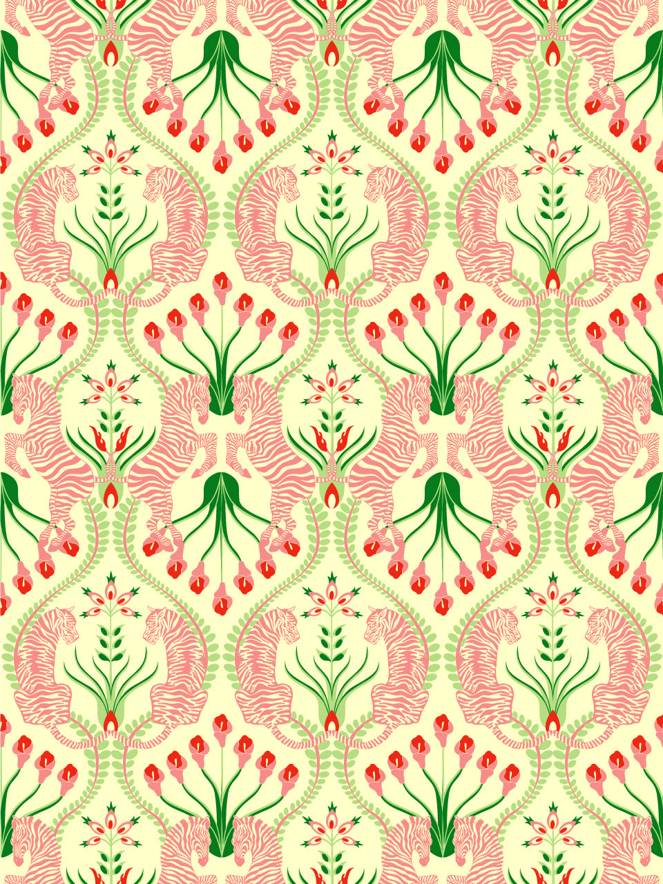 Full pattern view of Secret Garden Safari wallpaper in Pink with tigers, zebras, and pink floral motifs on a soft cream backdrop.