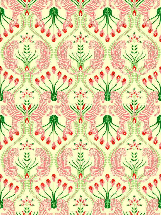 Full pattern view of Secret Garden Safari wallpaper in Pink with tigers, zebras, and pink floral motifs on a soft cream backdrop.