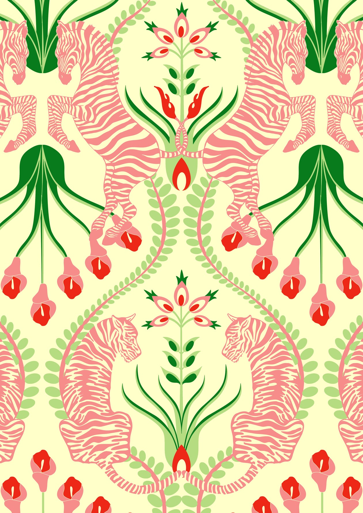 A3 sample sheet of Secret Garden Safari Pink wallpaper highlighting cream base and detailed pink tiger and flora.