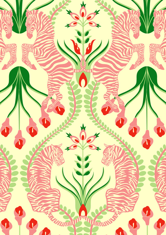 A3 sample sheet of Secret Garden Safari Pink wallpaper highlighting cream base and detailed pink tiger and flora.
