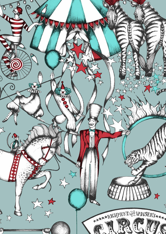 A3 sample of vintage circus wallpaper with cherry red accents and lively performers.