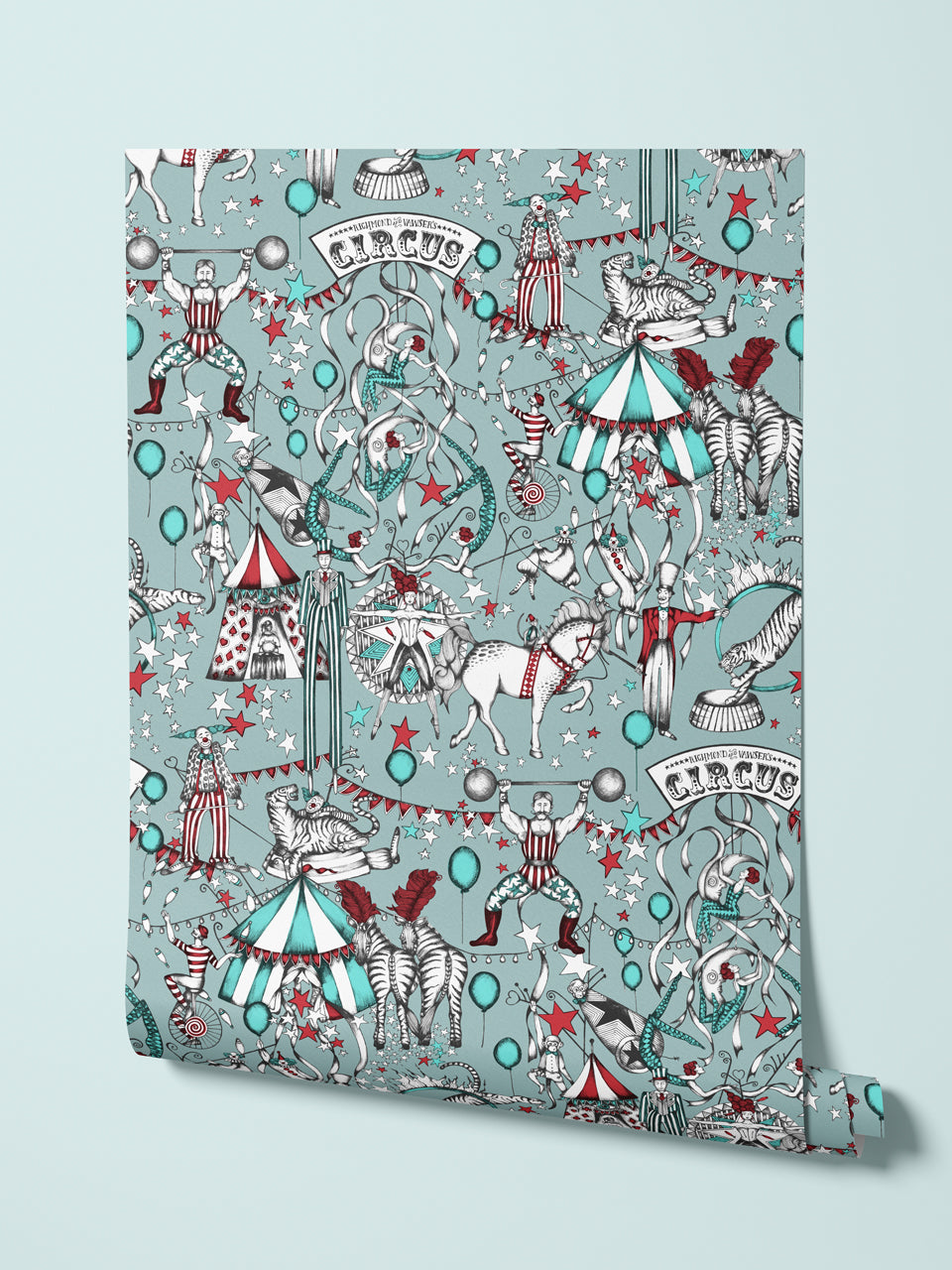 Circus-themed wallpaper with performers, animals, and decorations on a light blue background.