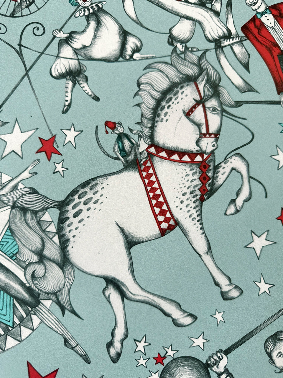 Soft teal, aqua and red wallpaper with dancing horse, monkey, and whimsical circus stars.