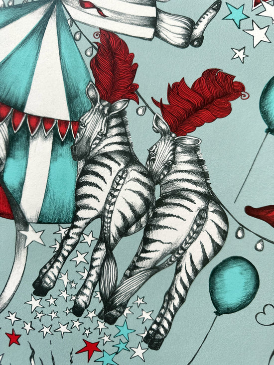 Illustration of two zebras with red feathers, circus tent, and balloons on a light blue background.