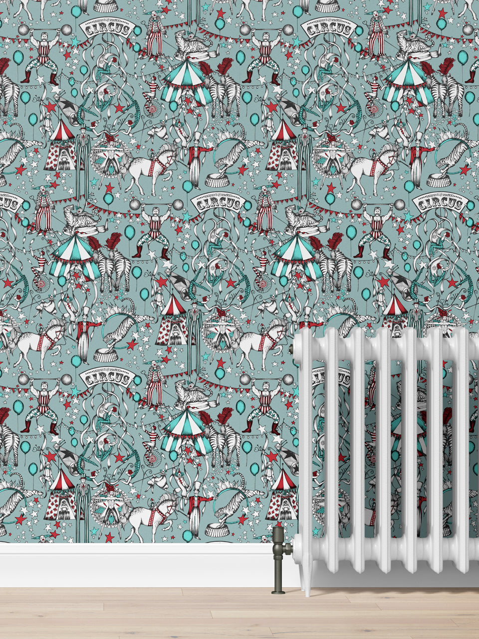 Circus-themed wallpaper with horses, performers, and tents on a teal background.