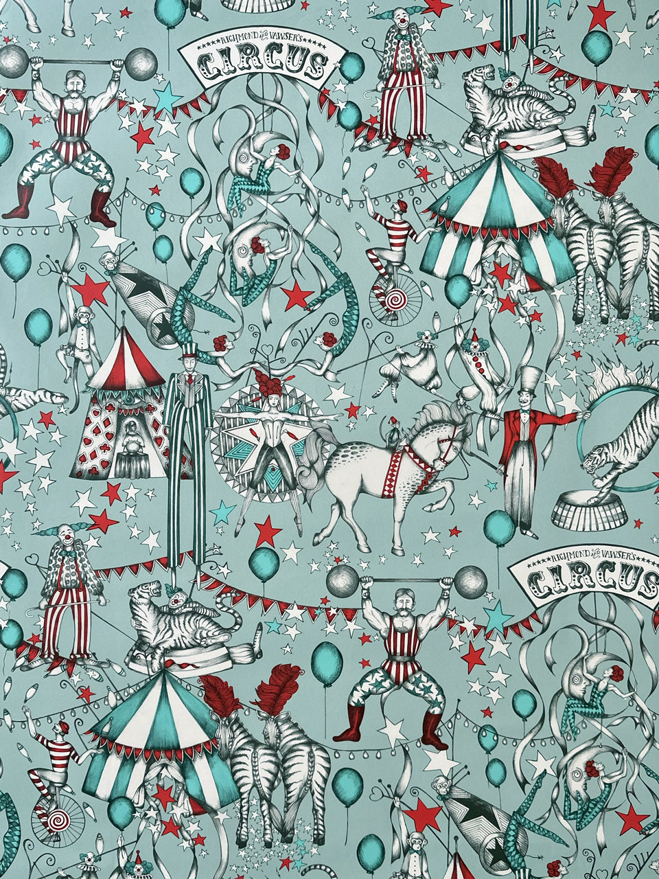 Hand-drawn wallpaper scene with ringmaster and tiger on turquoise circus backdrop