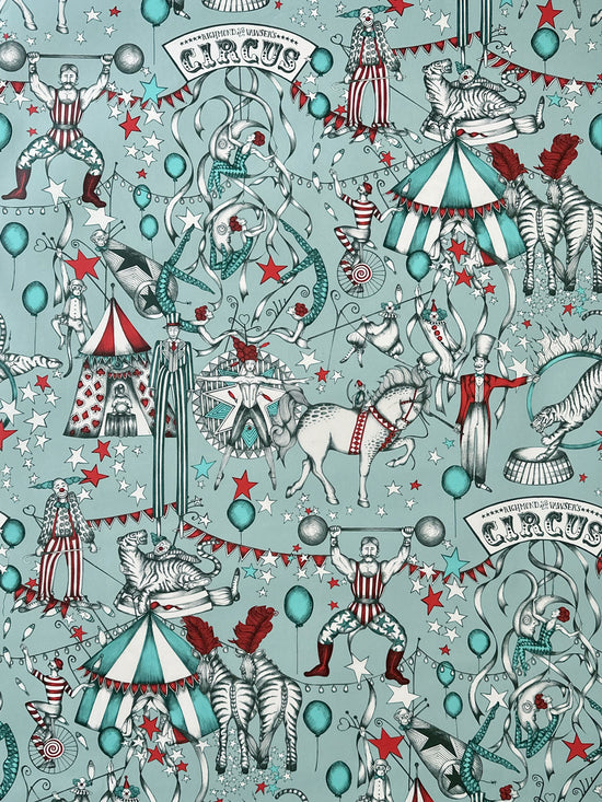 Hand-drawn wallpaper scene with ringmaster and tiger on turquoise circus backdrop