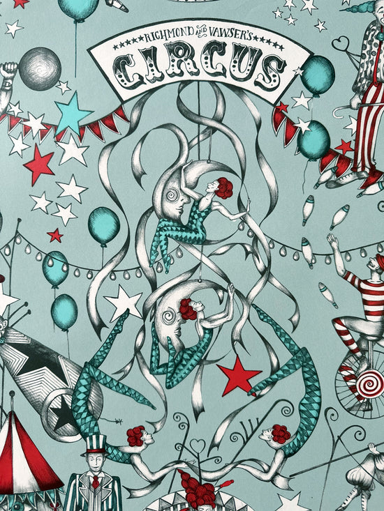 Wallpaper circus scene with performers and balloons with turquoise and dusty duck egg background.