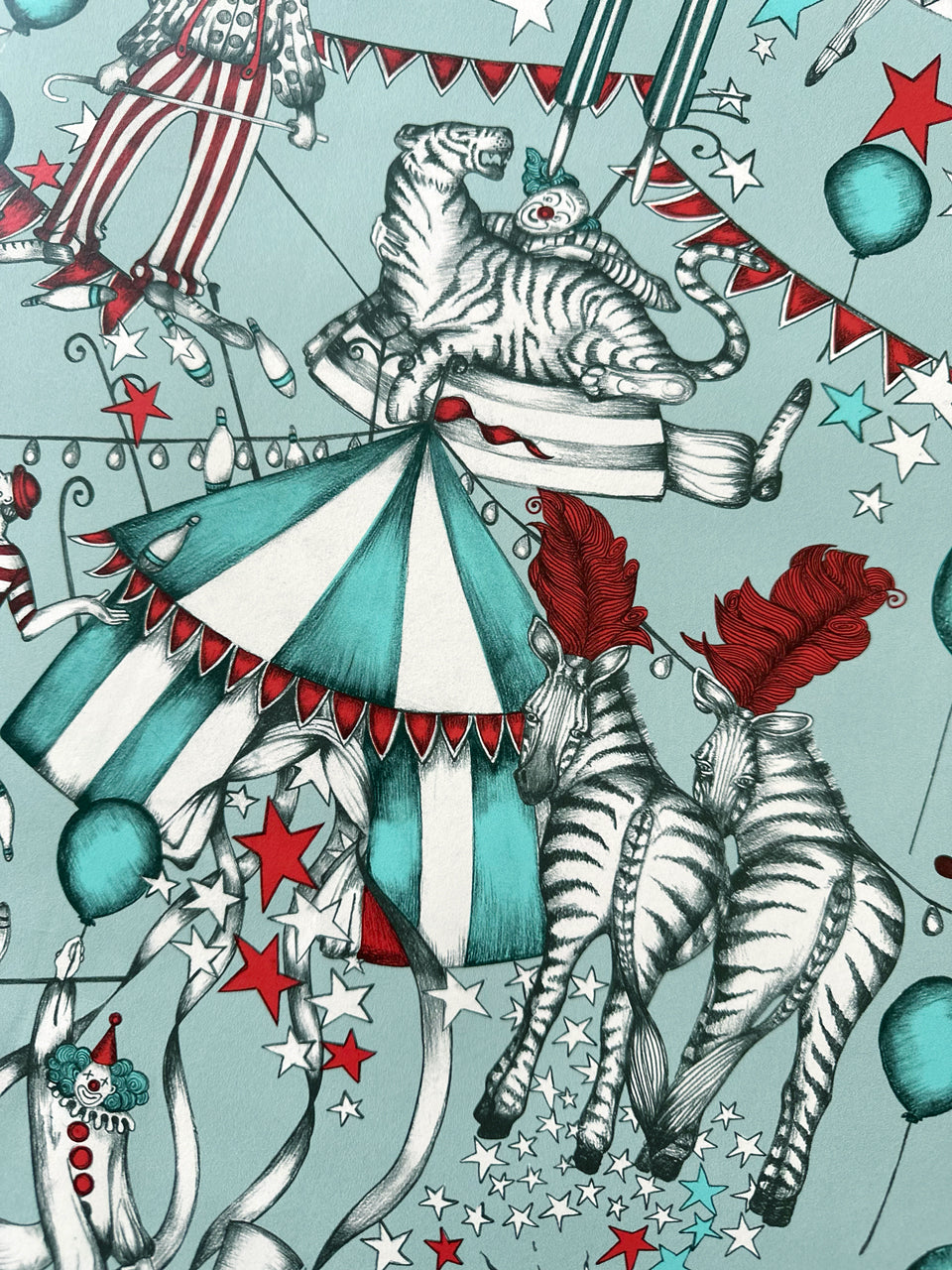 Carnival themed tiger and zebra wall art with letterbox red detailing and starry circus motifs.