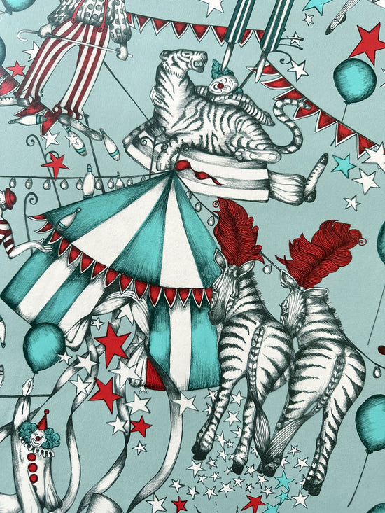 Carnival themed tiger and zebra wall art with letterbox red detailing and starry circus motifs.