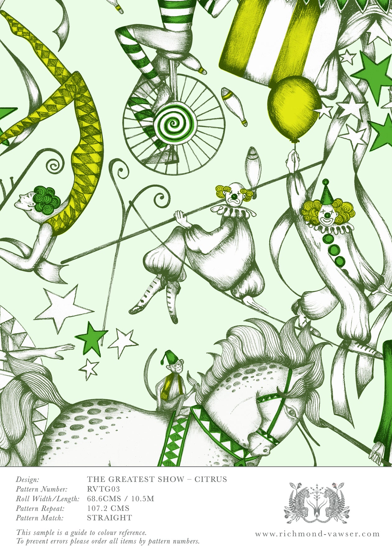 A4 sample of The Greatest Show Citrus wallpaper featuring detailed hand-drawn circus and carnival illustrations.