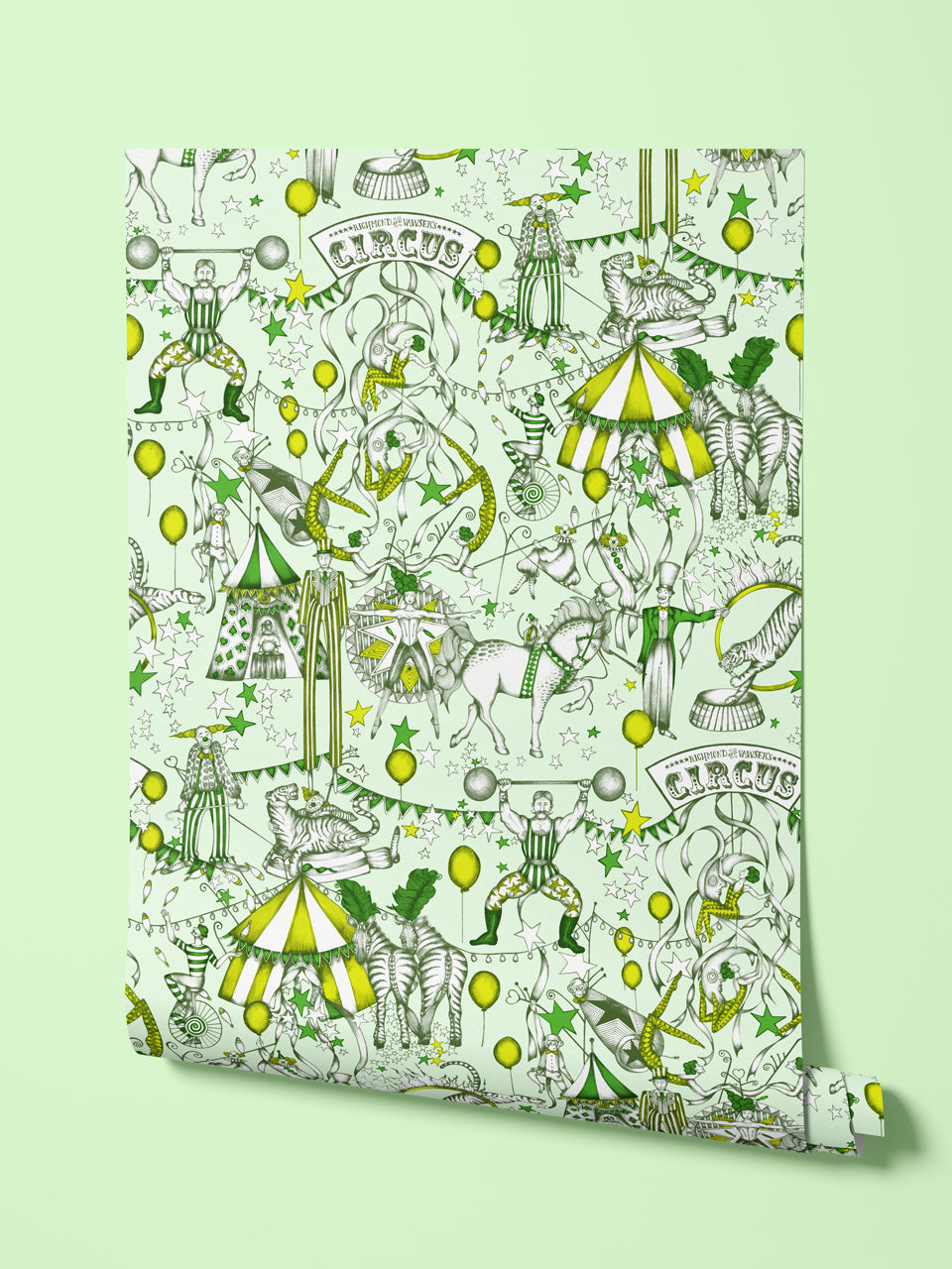 Hanging product shot of The Greatest Show Citrus wallpaper with a bold circus carnival theme.