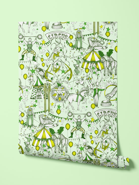 Hanging product shot of The Greatest Show Citrus wallpaper with a bold circus carnival theme.