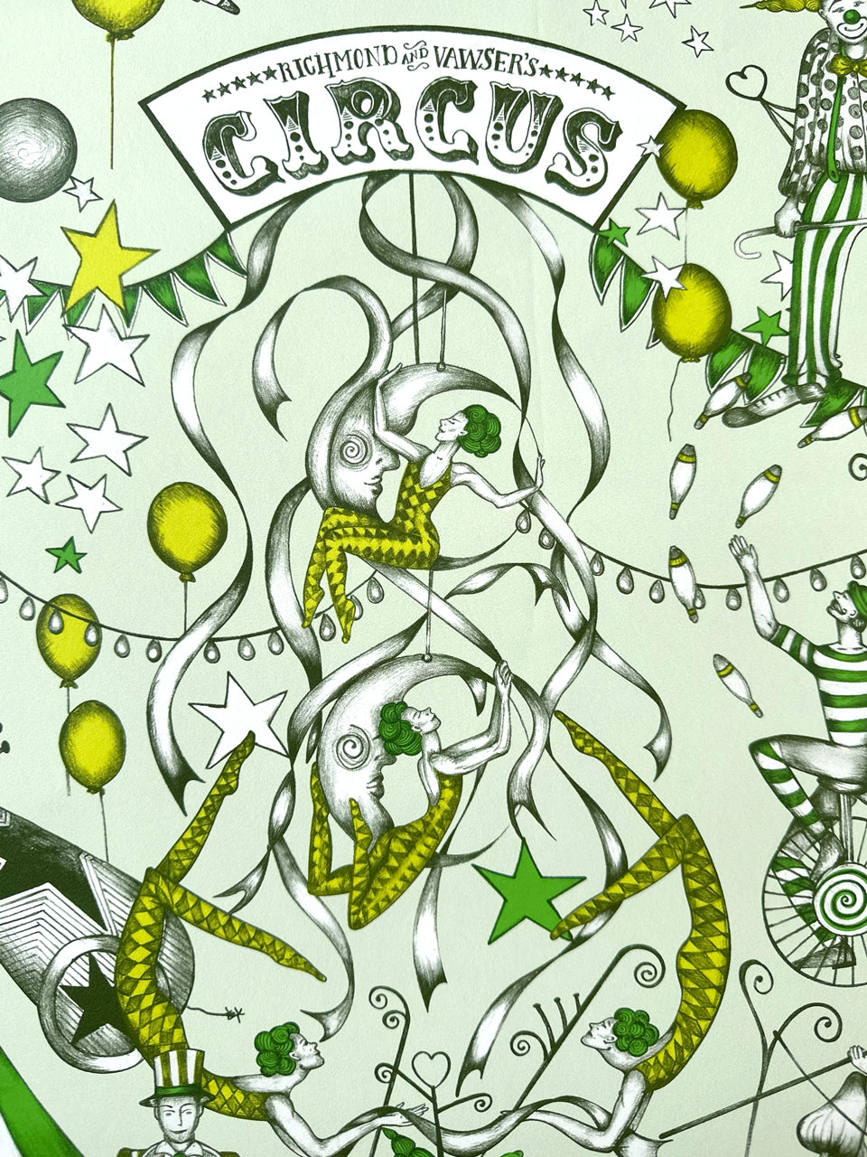 Trapeze artists in flight with flowing ribbons and circus stars from The Greatest Show Citrus carnival wallpaper.