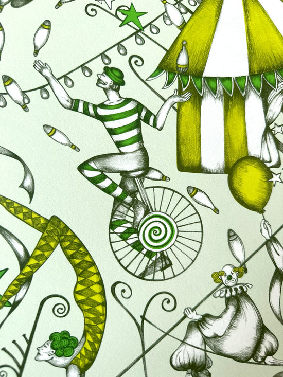 Circus juggler on a unicycle in a striped top, part of The Greatest Show Citrus carnival wallpaper.