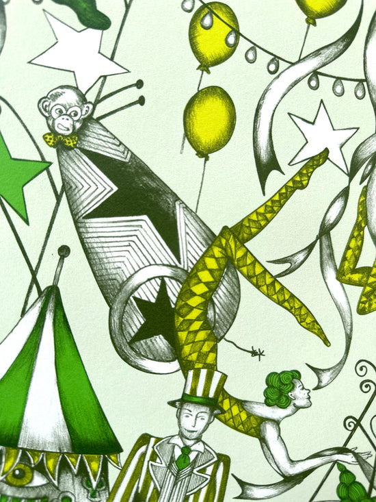 Strongman surrounded by circus stars, bunting and carnival balloons from The Greatest Show Citrus wallpaper.