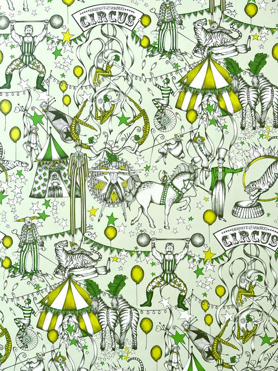 Full pattern repeat of The Greatest Show Citrus circus wallpaper in a lively yellow and green carnival colourway.