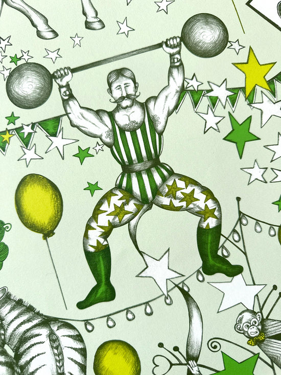 Strongman surrounded by circus stars, bunting and carnival balloons from The Greatest Show Citrus wallpaper.