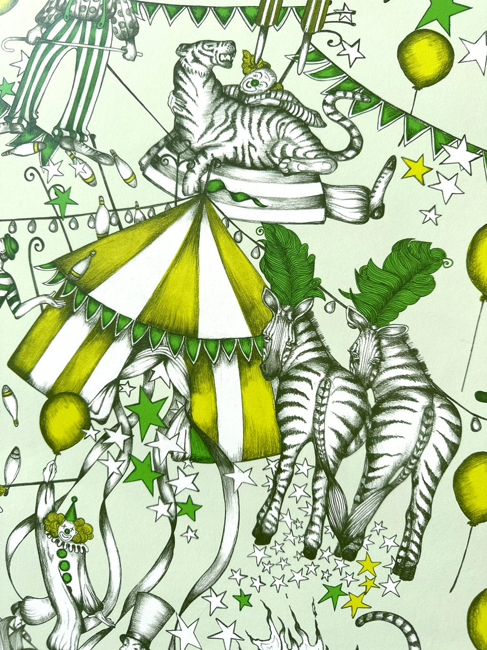 Circus scene from The Greatest Show Citrus wallpaper with zebras, tiger and carnival tent.