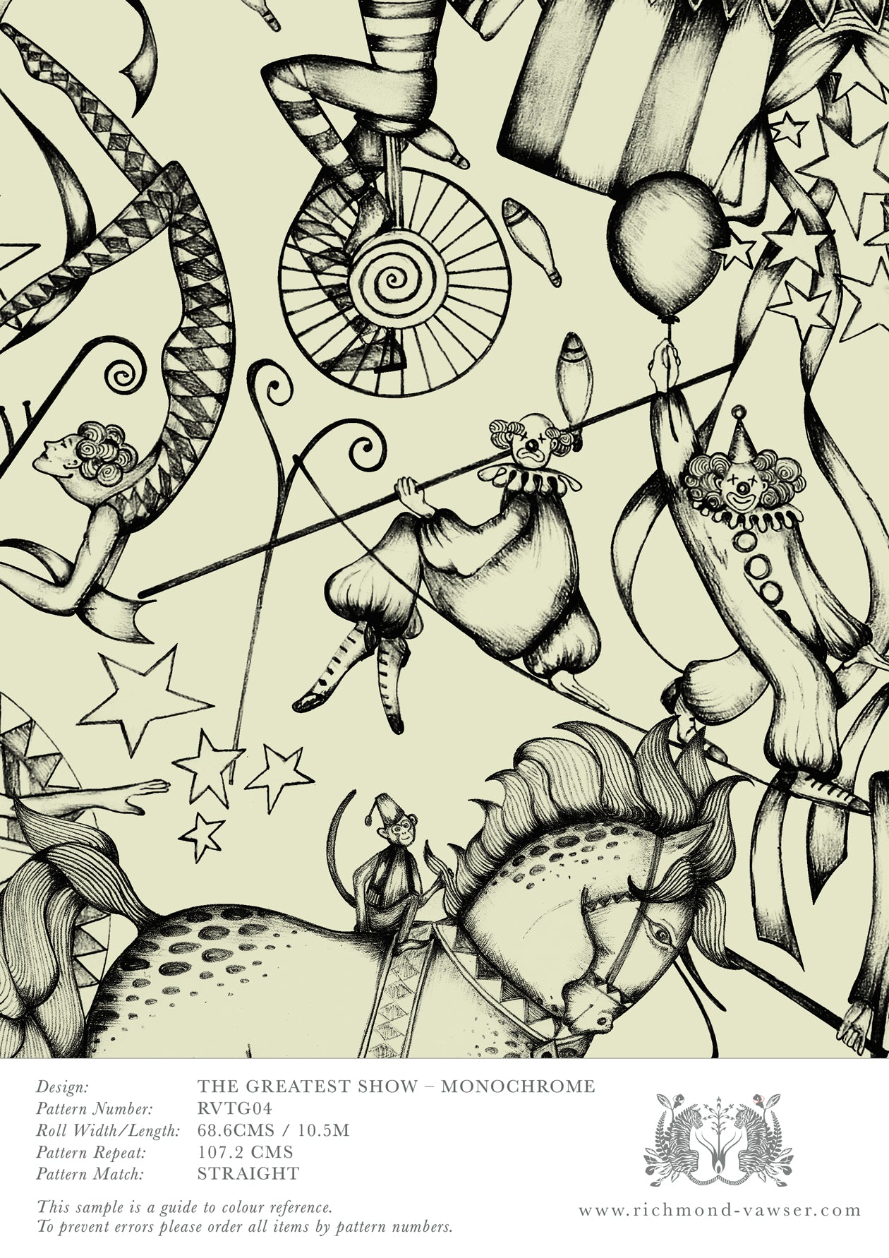A4 sample for The Greatest Show Monochrome wallpaper with dark grey black clown and horse illustration on beige background.