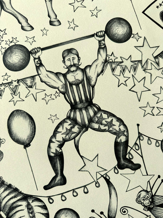Carnival inspired wallpaper with hand-drawn strongman and star accents in charcoal pencil on cream background.