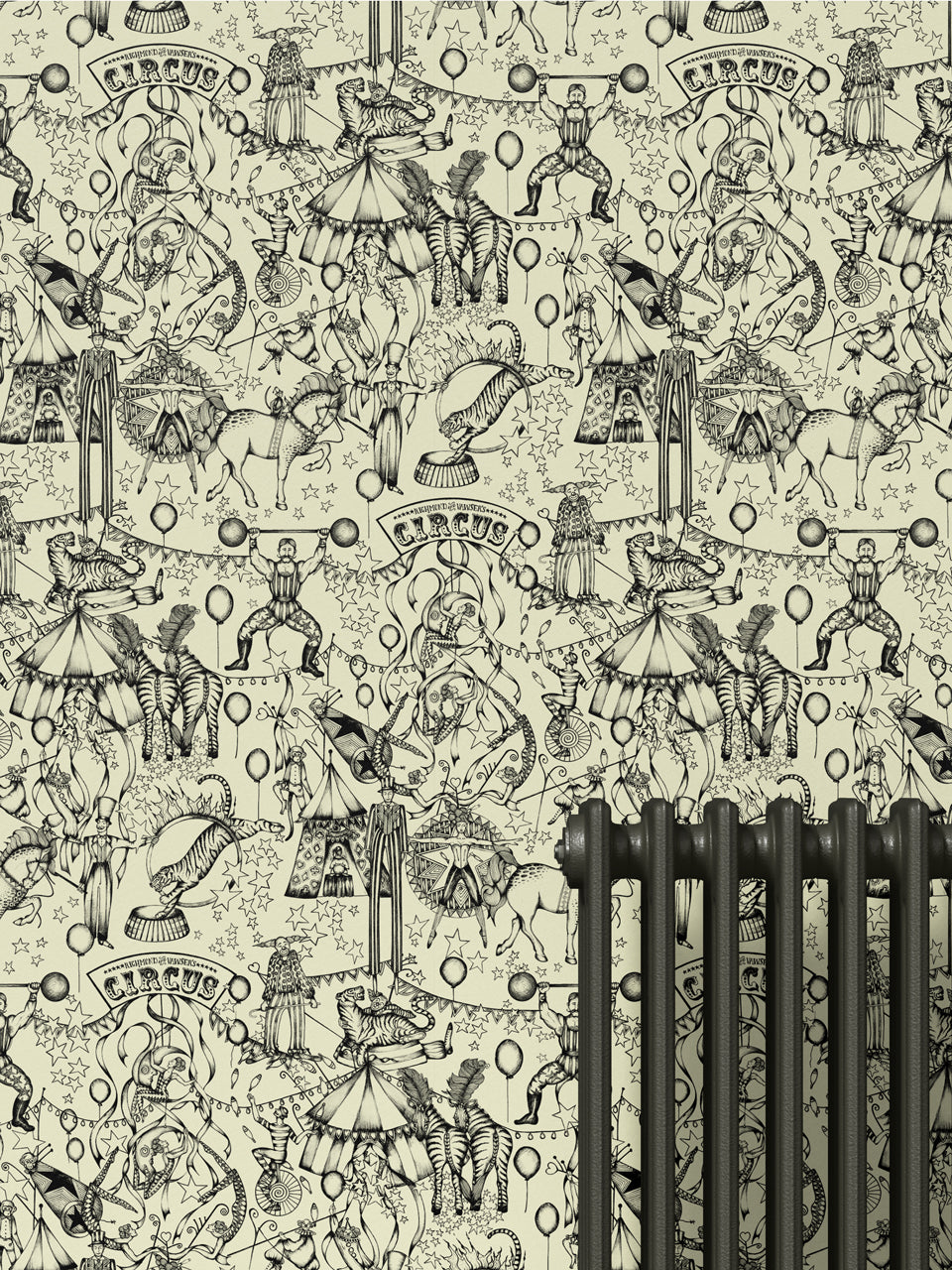 Patterned, circus theme ivory wallpaper featuring monochrome zebra, tiger and circus characters and radiator in foreground.