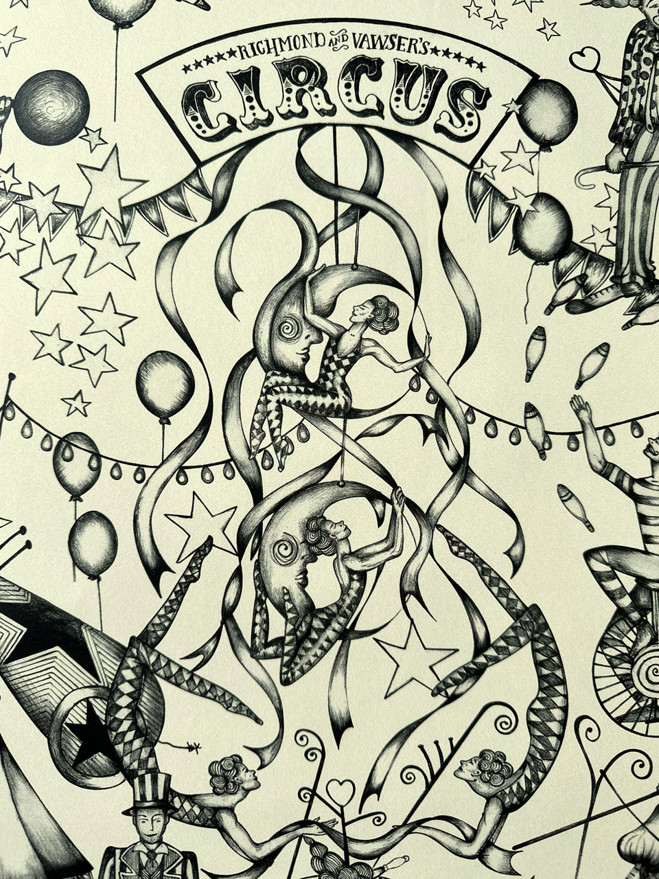 Trapeze performers with swirling banners, stars and ribbon details in vintage monochrome linework.