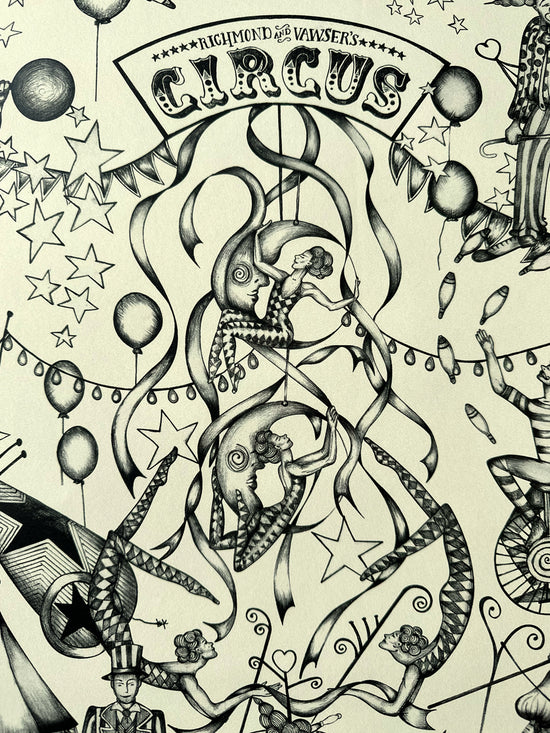 Trapeze performers with swirling banners, stars and ribbon details in vintage monochrome linework.
