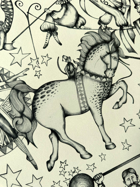 Carnival inspired dancing horse with monkeys and clowns on smooth cream wallpaper in black pencil.