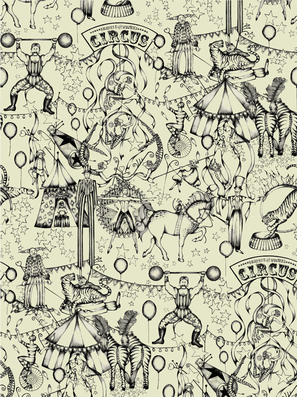 Monochrome vintage-style circus wallpaper with performers, animals, and decorations on soft cream.