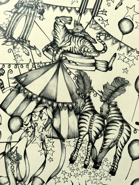 Detailed monochrome illustration of tiger on circus tent with dancing zebras on ivory-toned wallpaper.