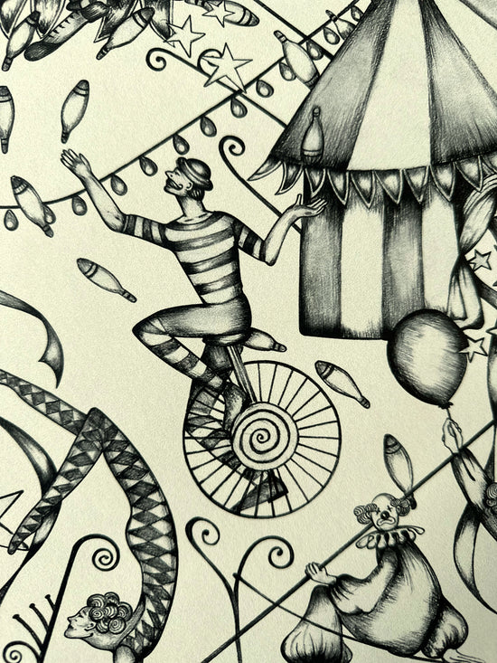 Circus wallpaper with unicycle juggler and clown with stars and bunting on aged paper-coloured ground.