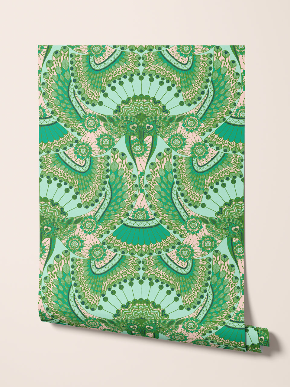 Bold Indian wallpaper with blush pink accents and folk-inspired birds in a tropical palette.