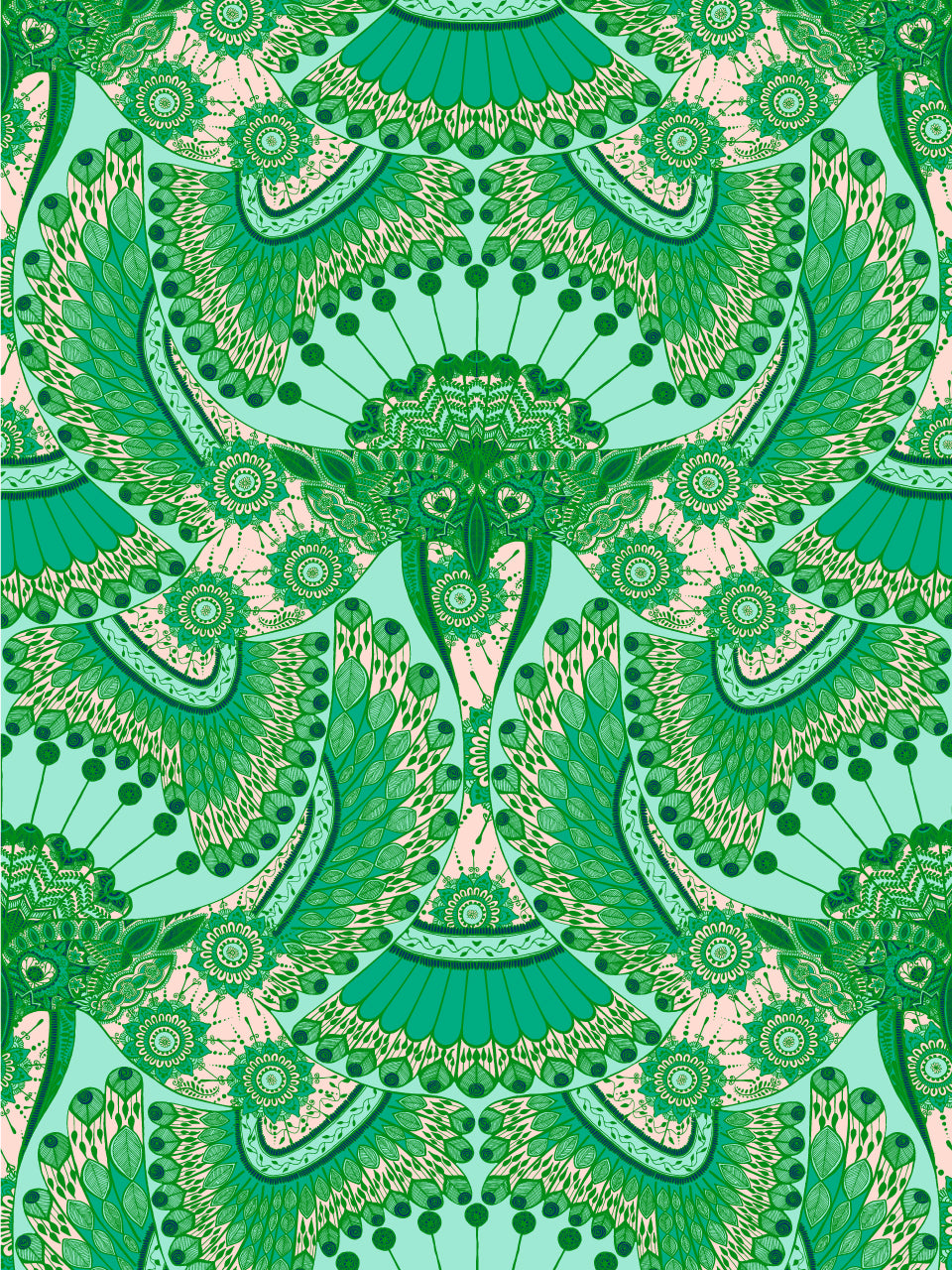 Intricate jade and mint wallpaper featuring decorative Indian parrot motifs with a hand-drawn folk art style.