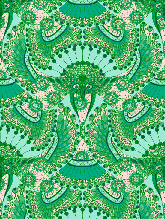 Intricate jade and mint wallpaper featuring decorative Indian parrot motifs with a hand-drawn folk art style.
