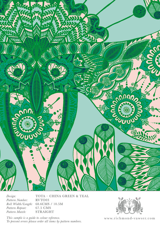 Artisan wallpaper sample showing fine folk motifs and hand-drawn tropical birds in a cultural colour palette.
